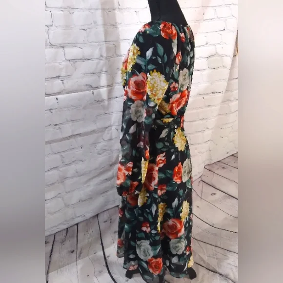 Tahari ASL Floral Velvet Silhouette Chiffon OverlayDress Red Yellow Bloom Black - Picture 8 of 14